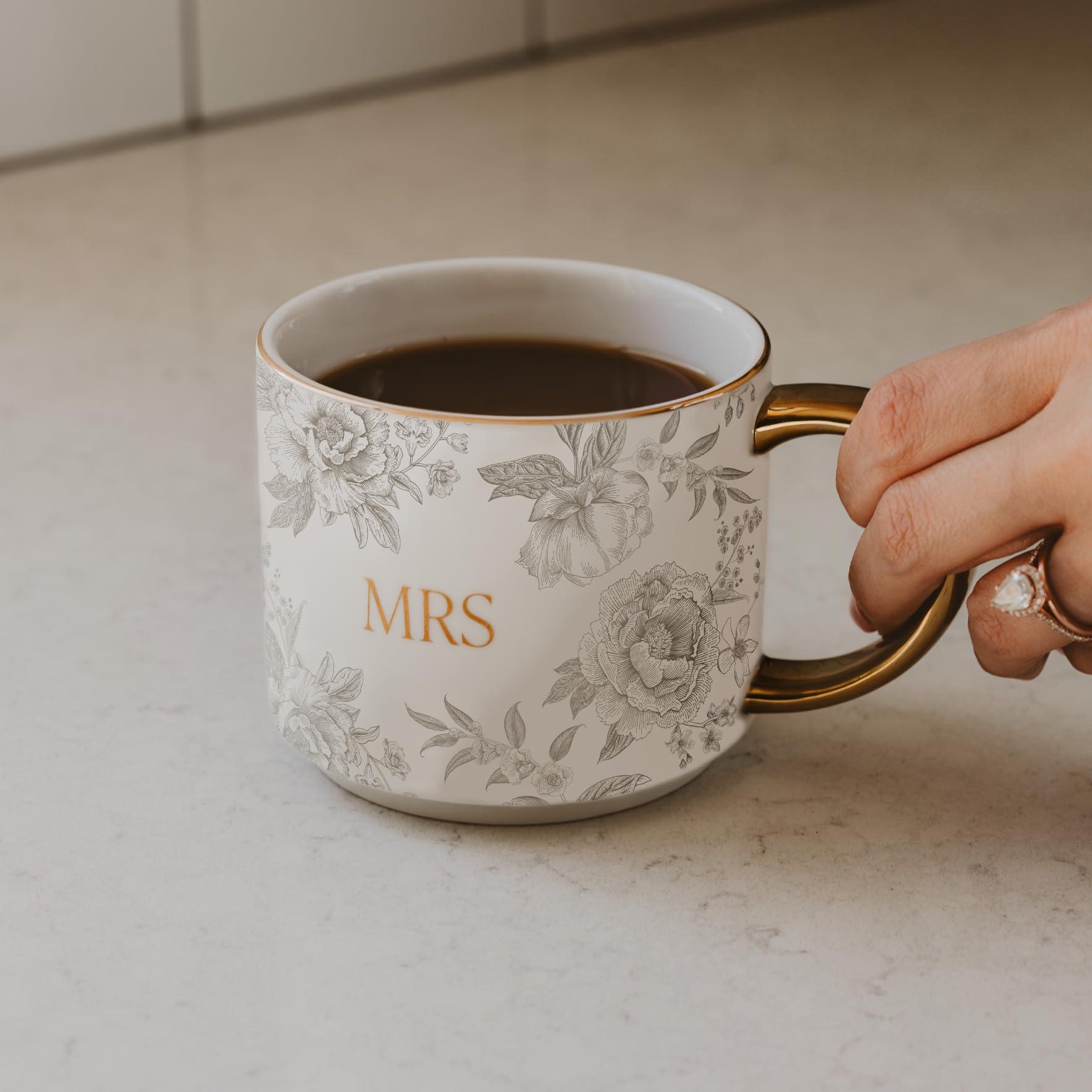 Close-up of the 14oz fine bone china mug designed for daily coffee routines.