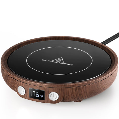 Sweetfull mug warmer on a desk showing 36W heat for long drinks