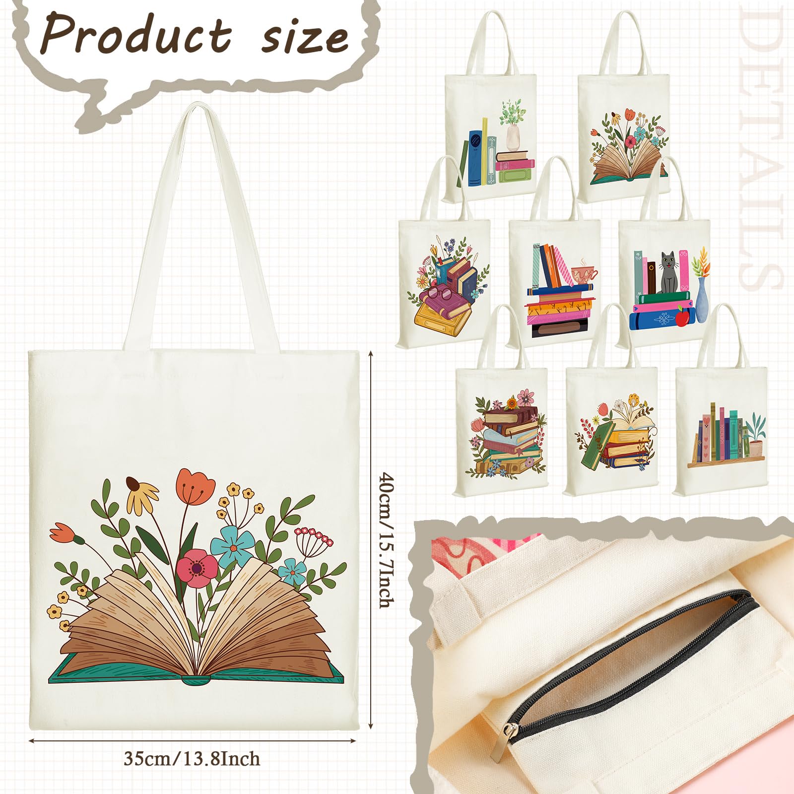 Sweetude book lovers tote design 02 features a spacious interior with secure zipper for essentials