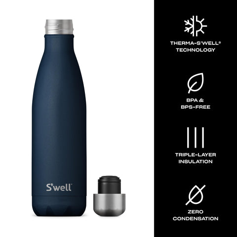 S'well Azurite bottle in cup holder demonstrates travel-friendly use