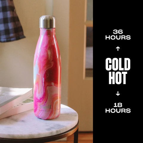 S'well Rose Agate 17oz bottle side view highlighting condensation-free exterior.