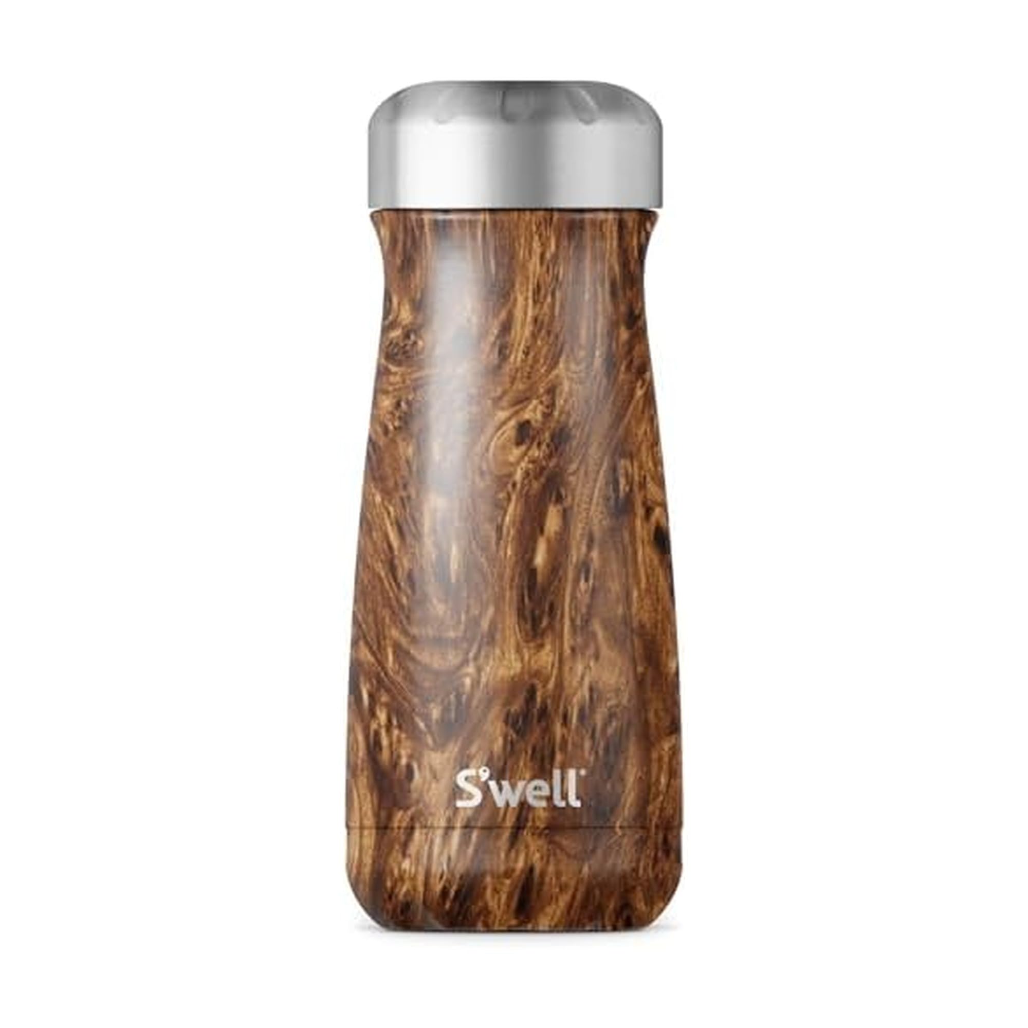 S'well Traveler teakwood bottle with triple insulation keeps drinks cold for 24 hours.