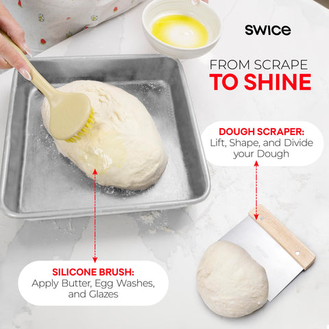 Swice dough scraper for clean dough transfer and quick cleanup.