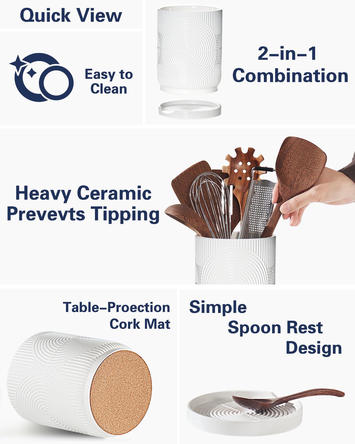Swicken cork-bottom protects surfaces and steadies the holder during use.