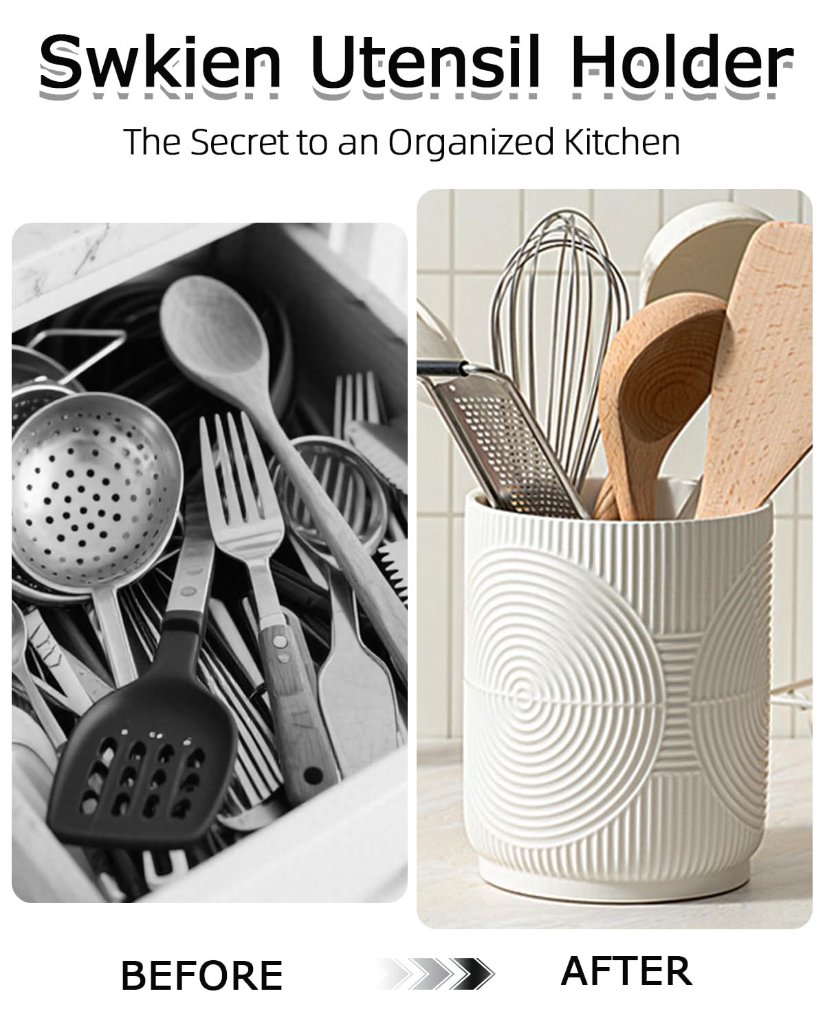 Swicken countertop display of utensil holder shows quick-access cooking tools.