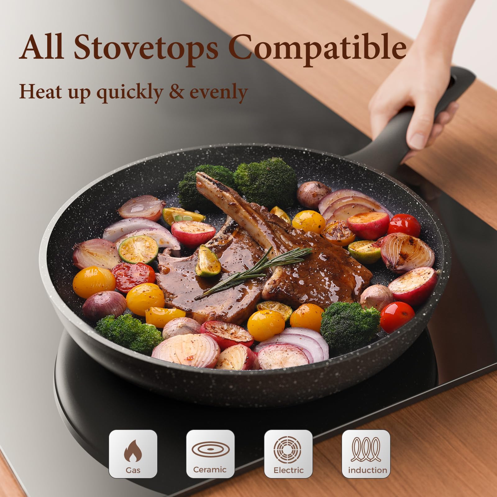 Swiflon 4mm base skillet delivers even heat and reduces warping during cooking.