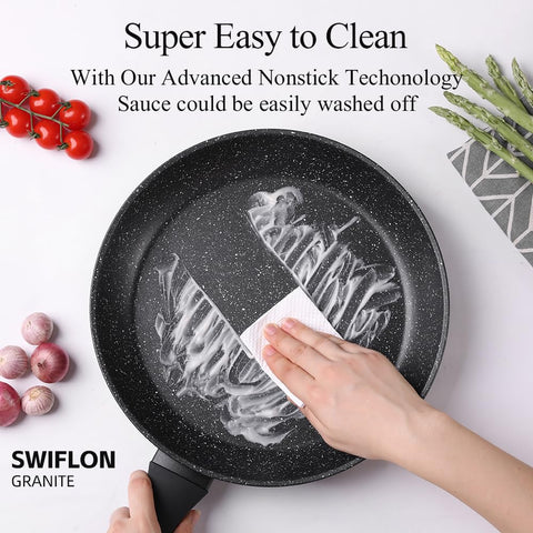 Swiflon pan is dishwasher-safe and rated for 50+ cycles without coating degradation.