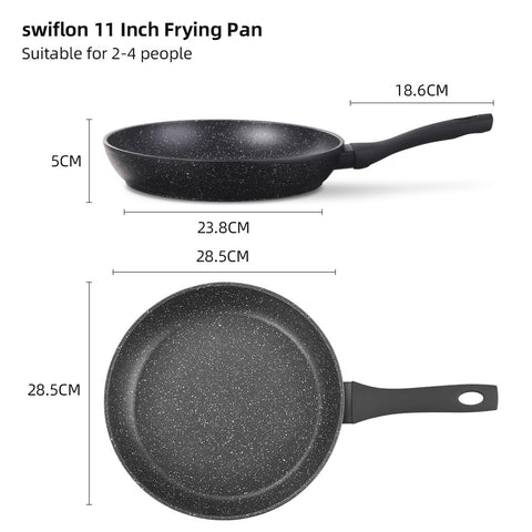 Swiflon heat-resistant bakelite handle stays cool with a secure, ergonomic grip.