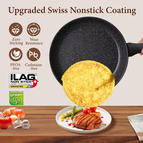 Swiflon speckled matte black frying pan adds style and easy cleanup in the kitchen.