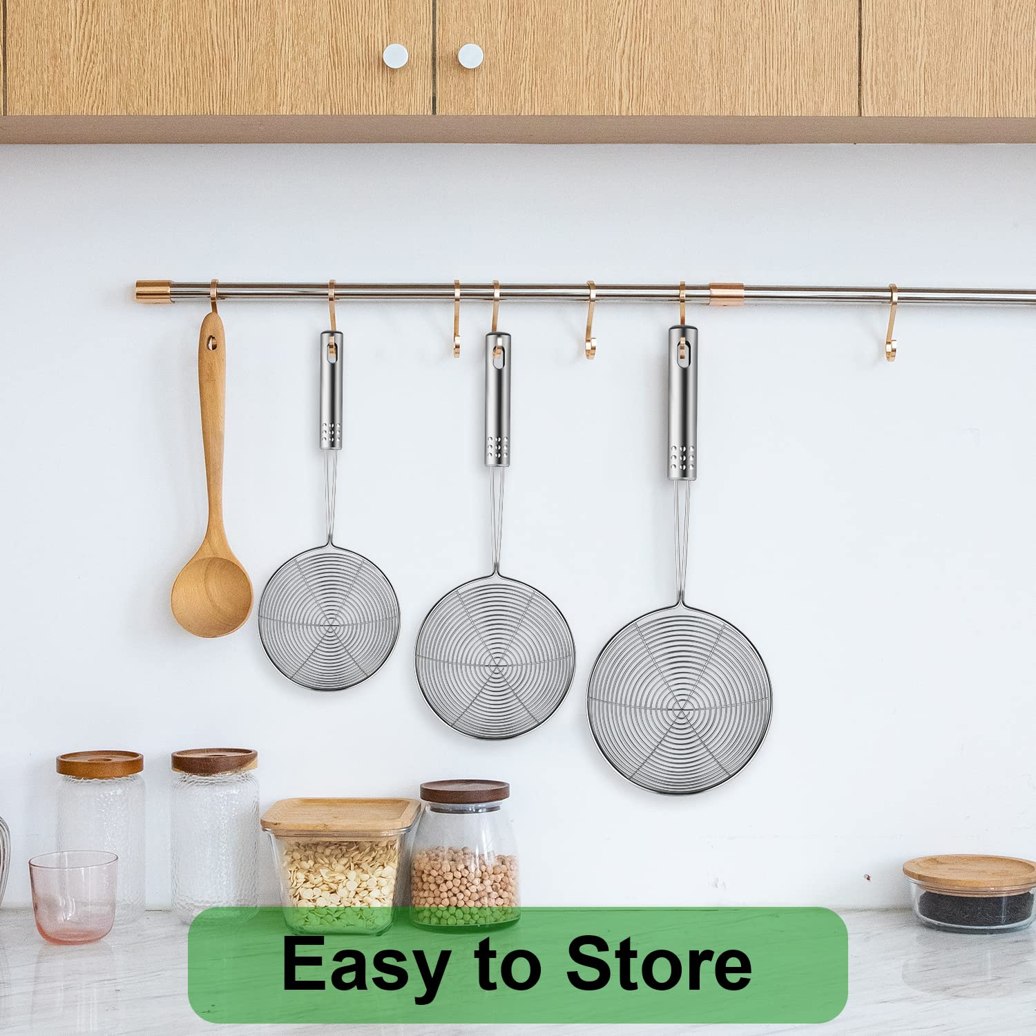 Swify spider strainer with hanging loop for easy wall storage.