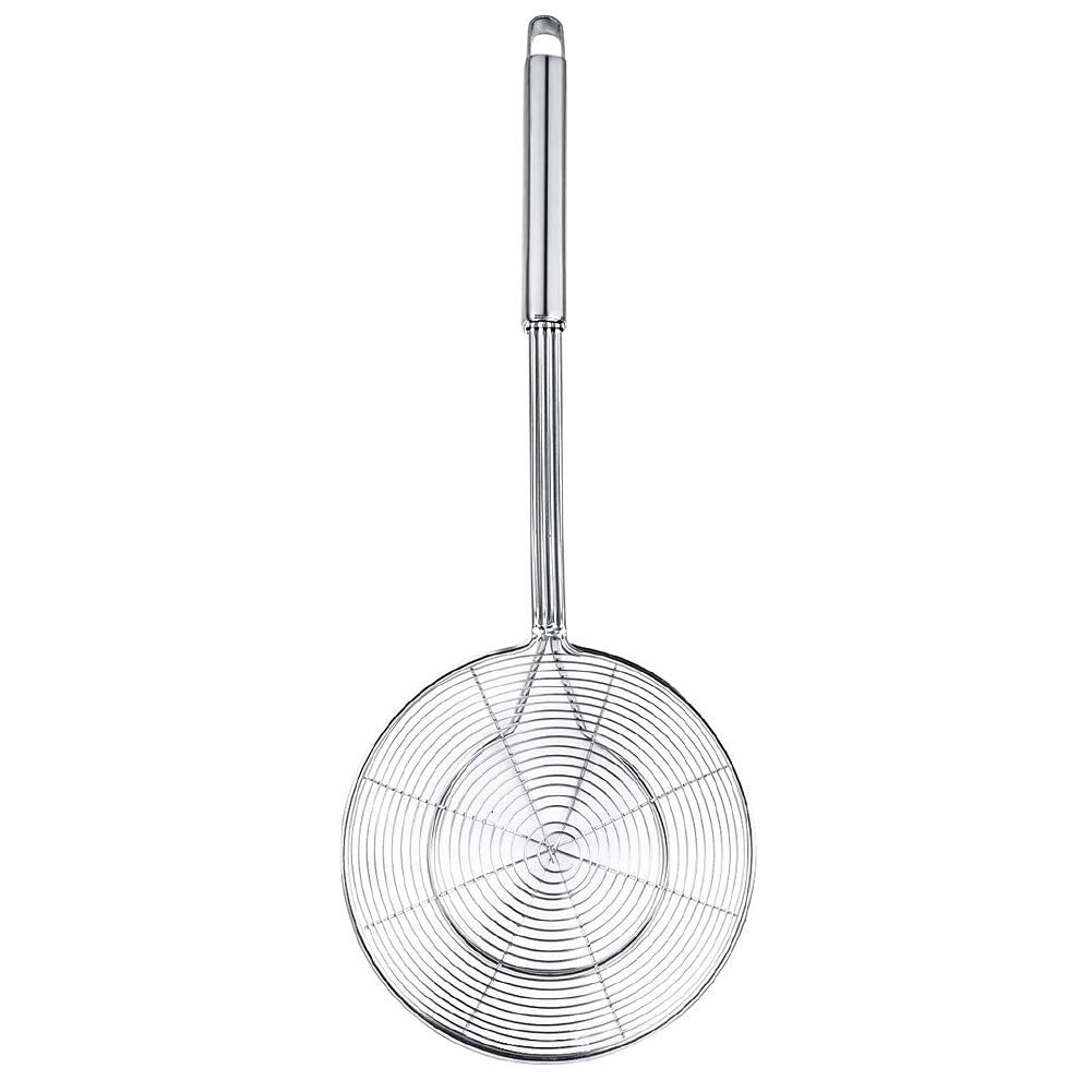 Swify long-handled strainer offers extended reach and splash protection.