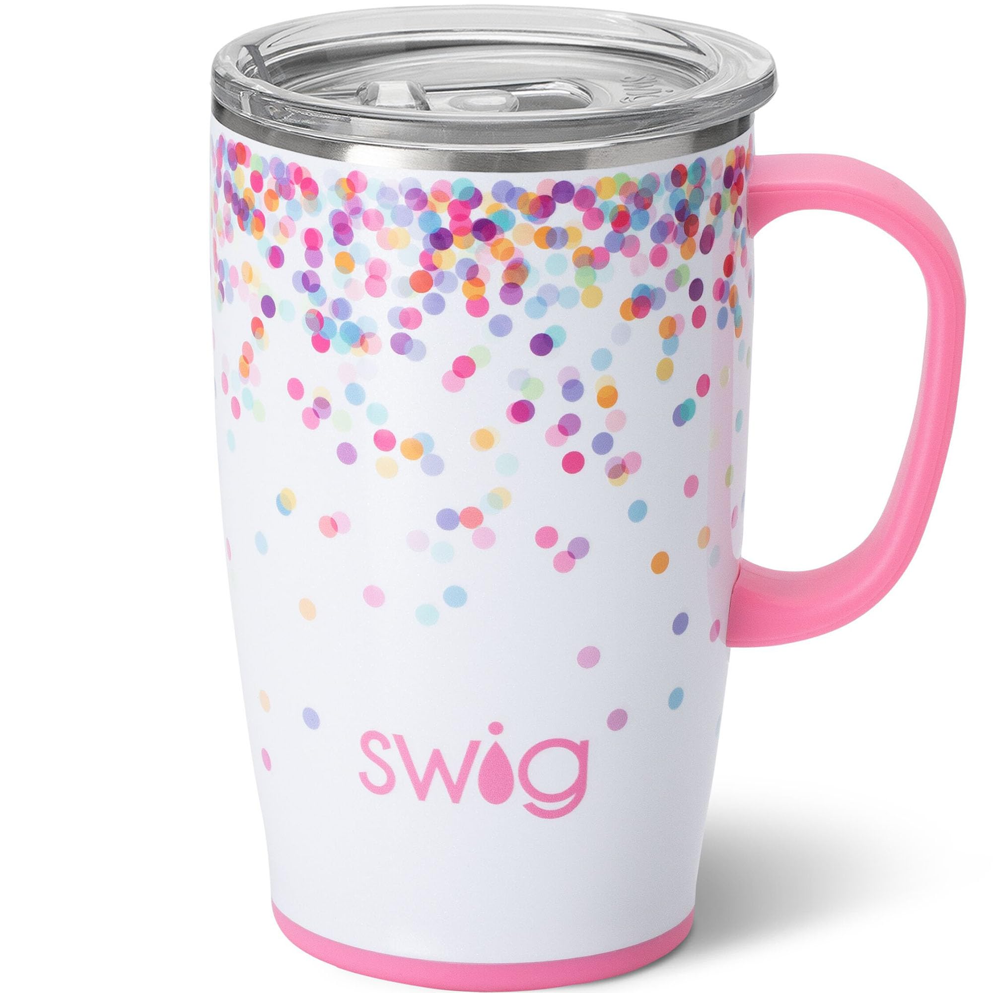 Swig Life 18oz travel mug with confetti glitter finish and handle for on-the-go hydration