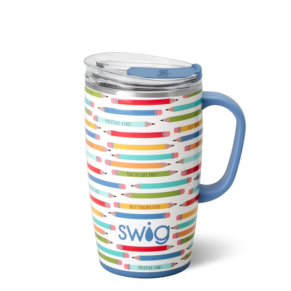 Swig Life 18oz travel mug with handle and lid keeps drinks at ideal temperature on the go.