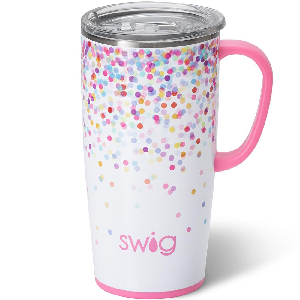 Swig Life 22oz travel mug with handle and confetti finish keeps drinks convenient on the go.