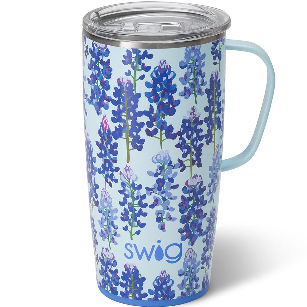 Swig Life 22oz travel mug with handle and bluebonnet lid for on-the-go sipping.