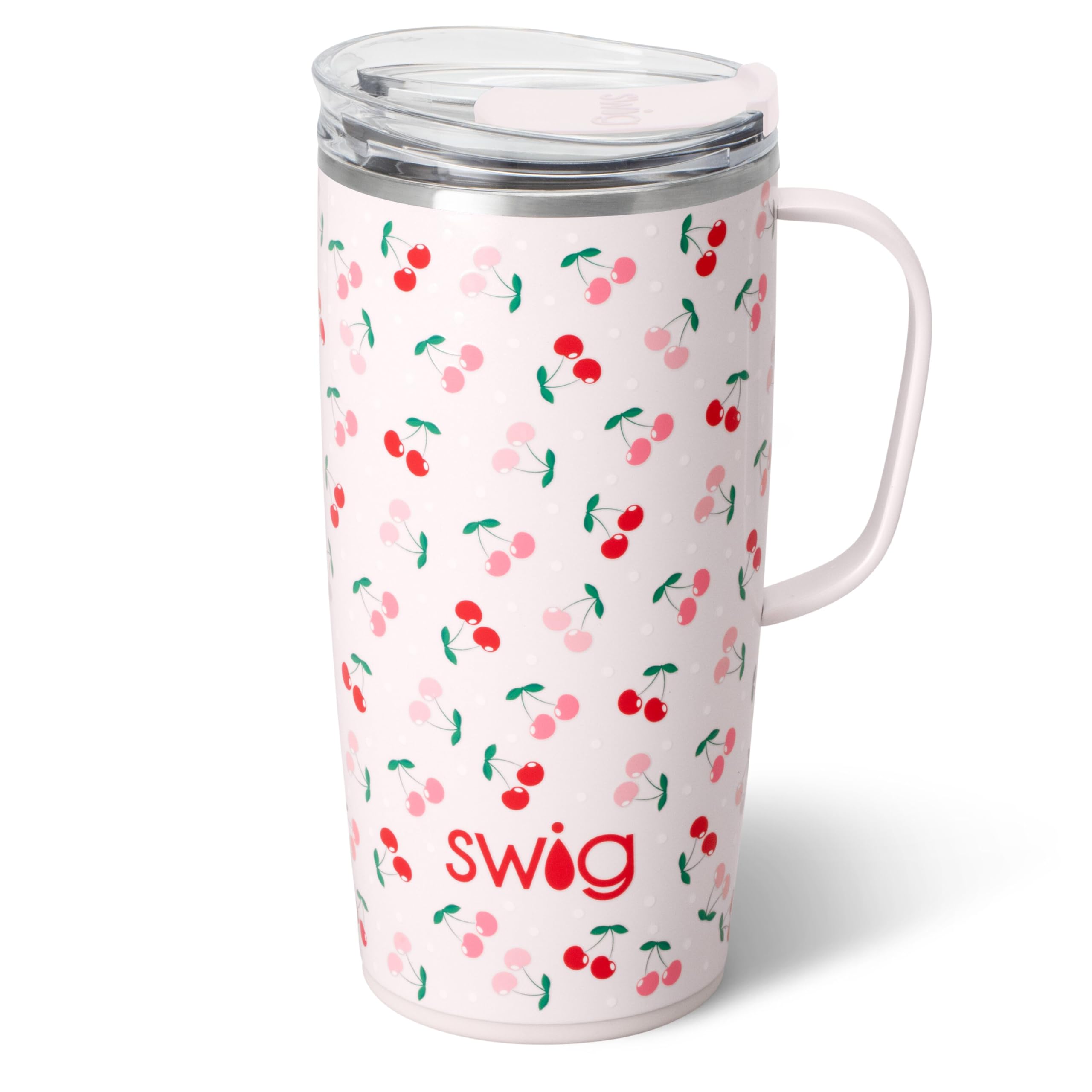 Swig Life 22oz Cherry Pie mug with handle keeps drinks hot or cold.