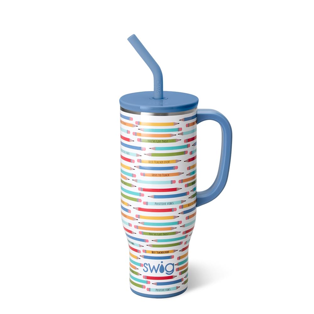 Swig Life 30oz Mega Mug with handle and straw keeps beverages cold up to 24 hours.