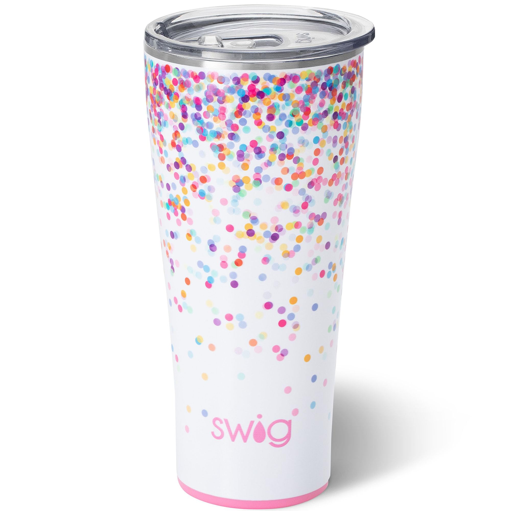 Swig Life 32oz tumbler with lid in glitter confetti keeps drinks cold.