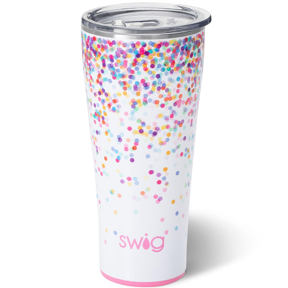Swig Life 32oz tumbler with lid in glitter confetti keeps drinks cold.