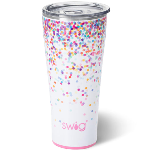 Swig Life 32oz tumbler with lid in glitter confetti keeps drinks cold.