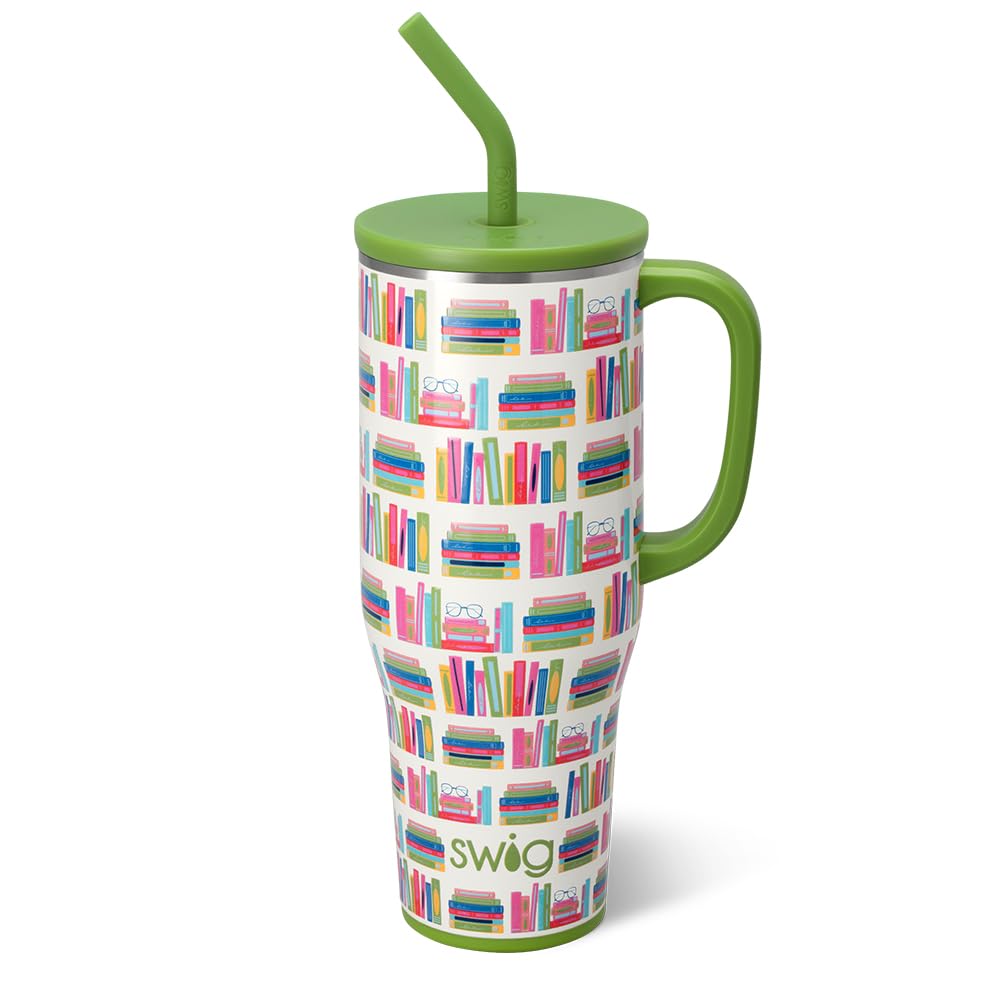 Swig Life 40oz Mega Mug with handle and straw in classroom setting for teachers.