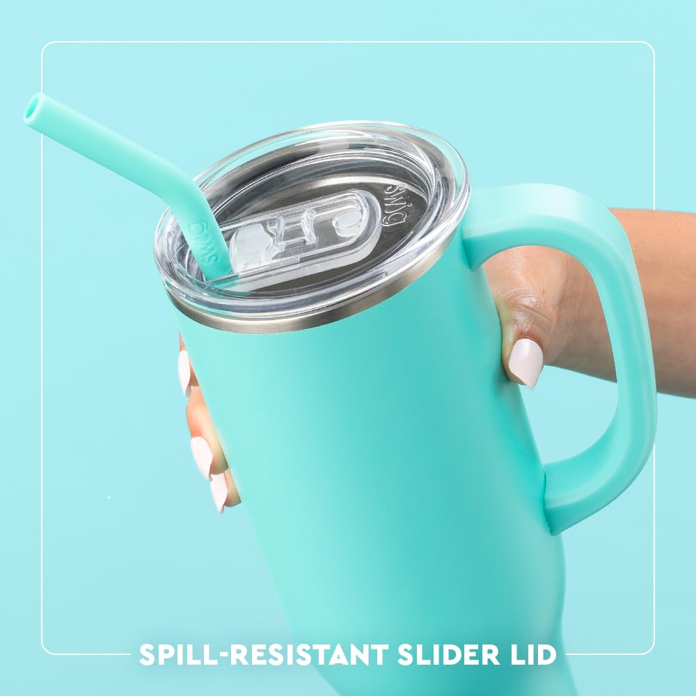 Swig Life handled tumbler with straw and BPA-free lid reduces spills.