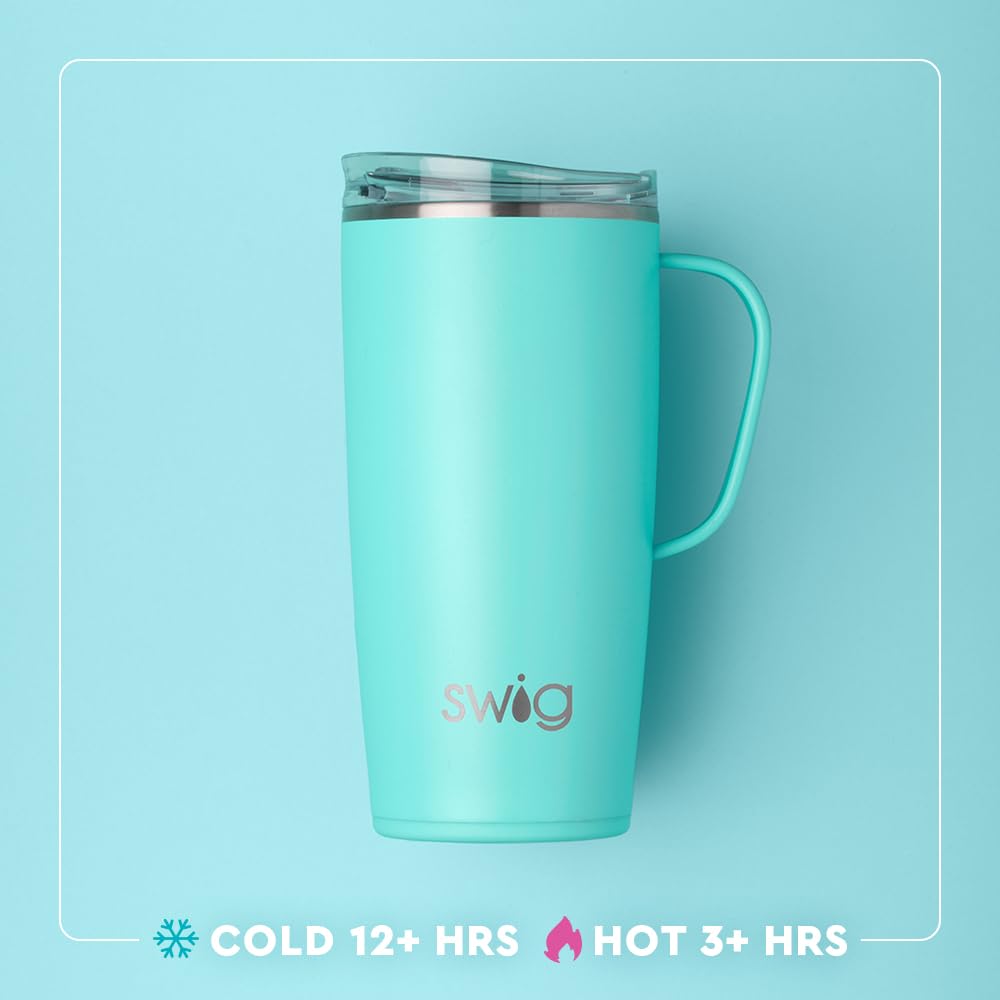 Swig Life insulated stainless steel tumbler preserves heat and cold throughout busy days.