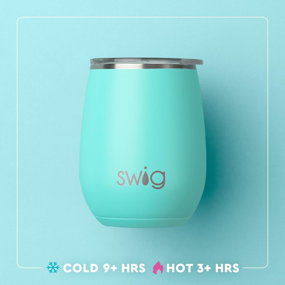 Swig Life insulated wine tumbler with coaster base for stable table use.