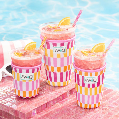Swig Life sherbet stripe coolie is machine washable and easy to personalize