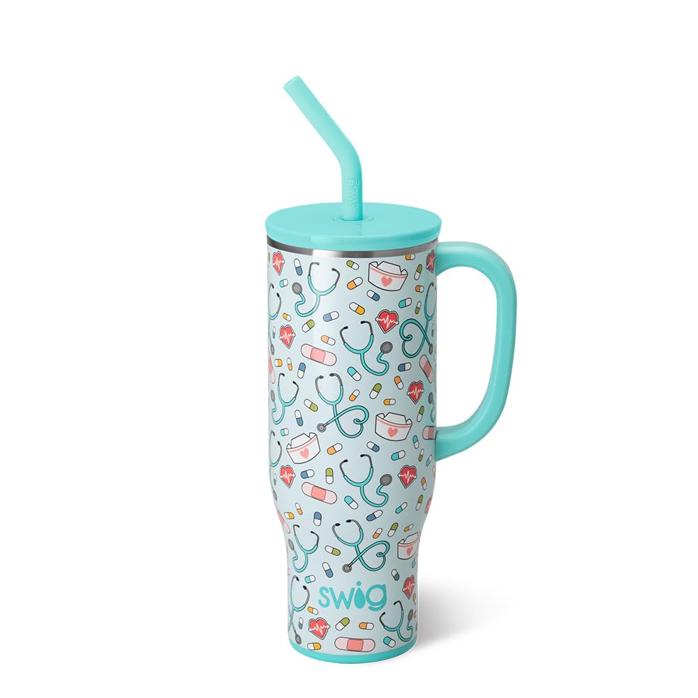 Swig Life 30oz Mega Mug with handle keeps drinks cold and fits cup holders.