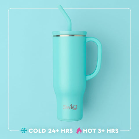 Swig Life Mega Mug 30oz maintains cold or hot temperatures with copper-plated steel.