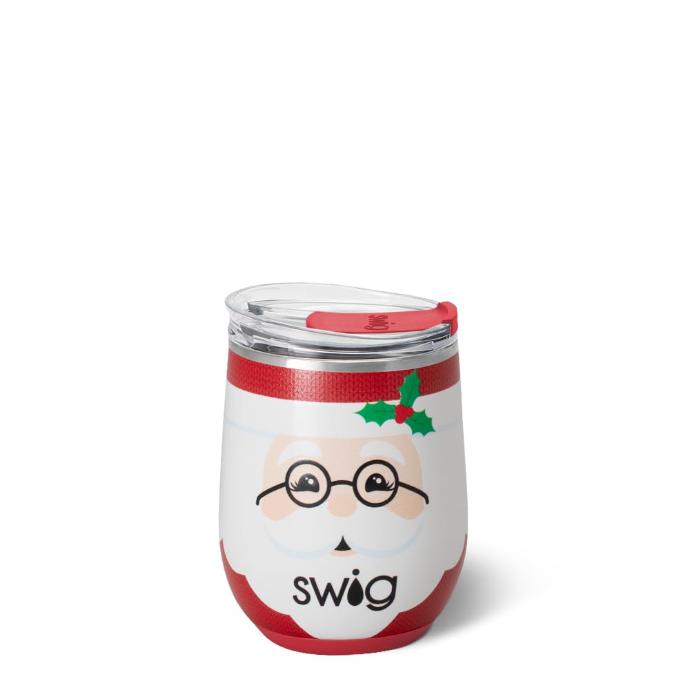 Swig Life 12oz wine tumbler with lid featuring Mr Claus, ideal for on-the-go sipping.