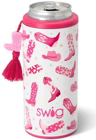 Swig Life Skinny Can Cooler in stainless steel keeps drinks cold on the go.