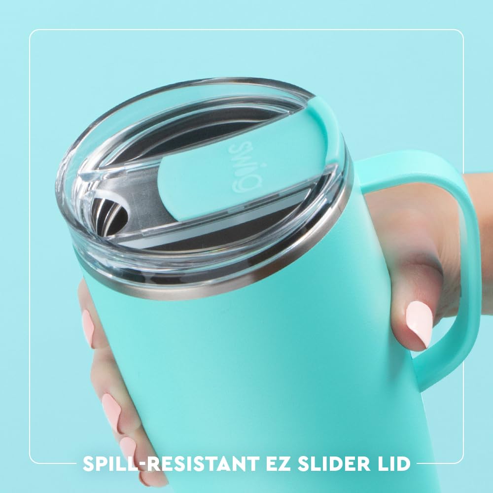Swig Life large slider lid enables easy sipping and spill control.