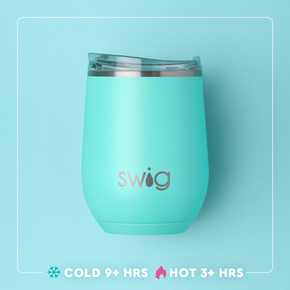 Swig Life spill-resistant lid on a wine tumbler for mess-free travel and easy sipping.