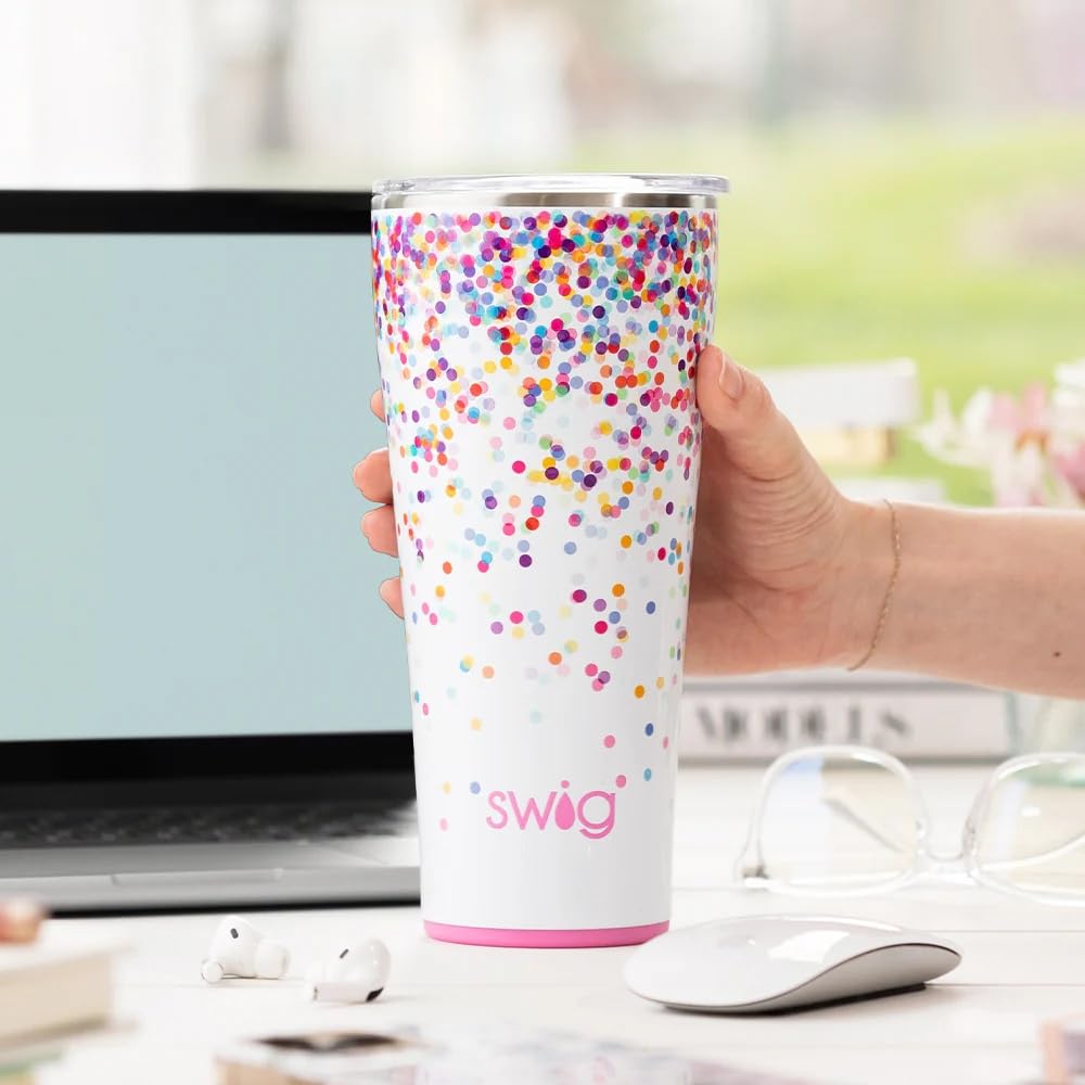 Swig Life stainless steel glitter tumbler with vibrant finish for on-the-go use.