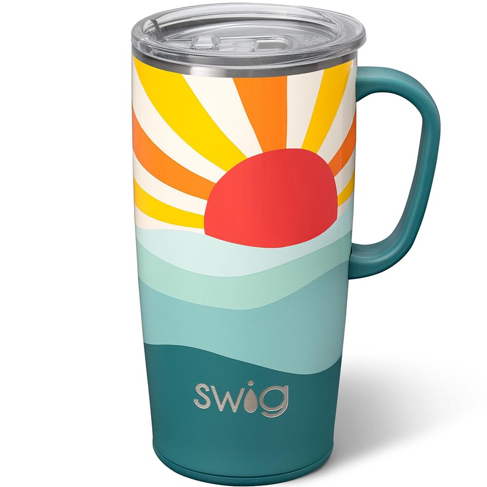 Swig Life Sun Dance 22oz tumbler with handle and lid, ideal for travel and on-the-go sipping.