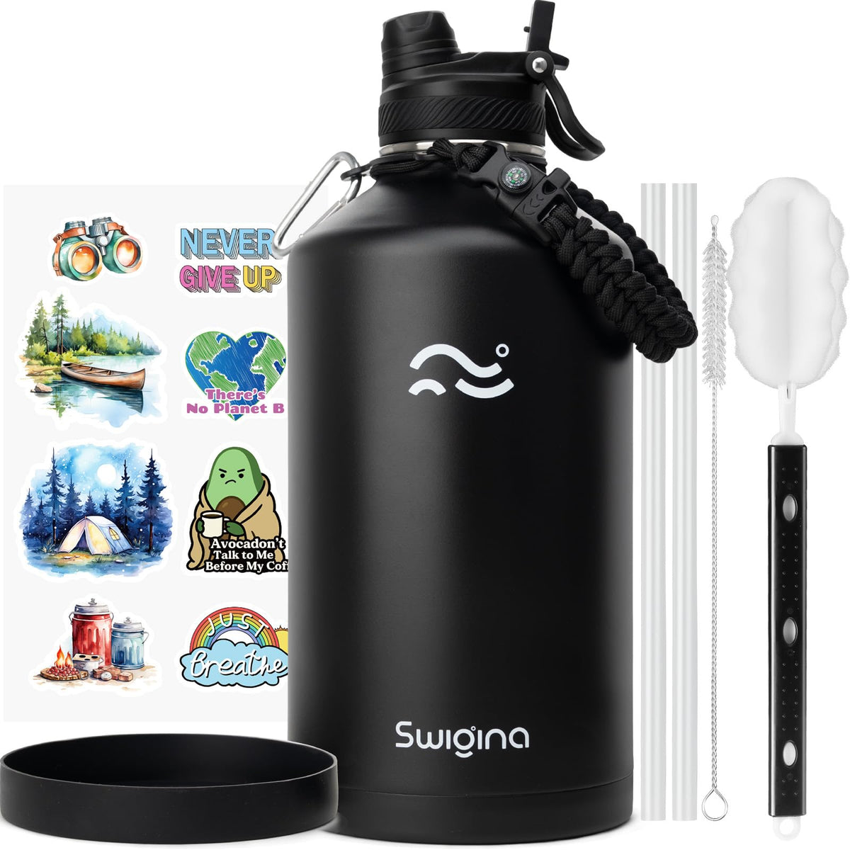Swigina 2-in-1 lid on gallon bottle for easy switching between sipping and wide-mouth drinking.
