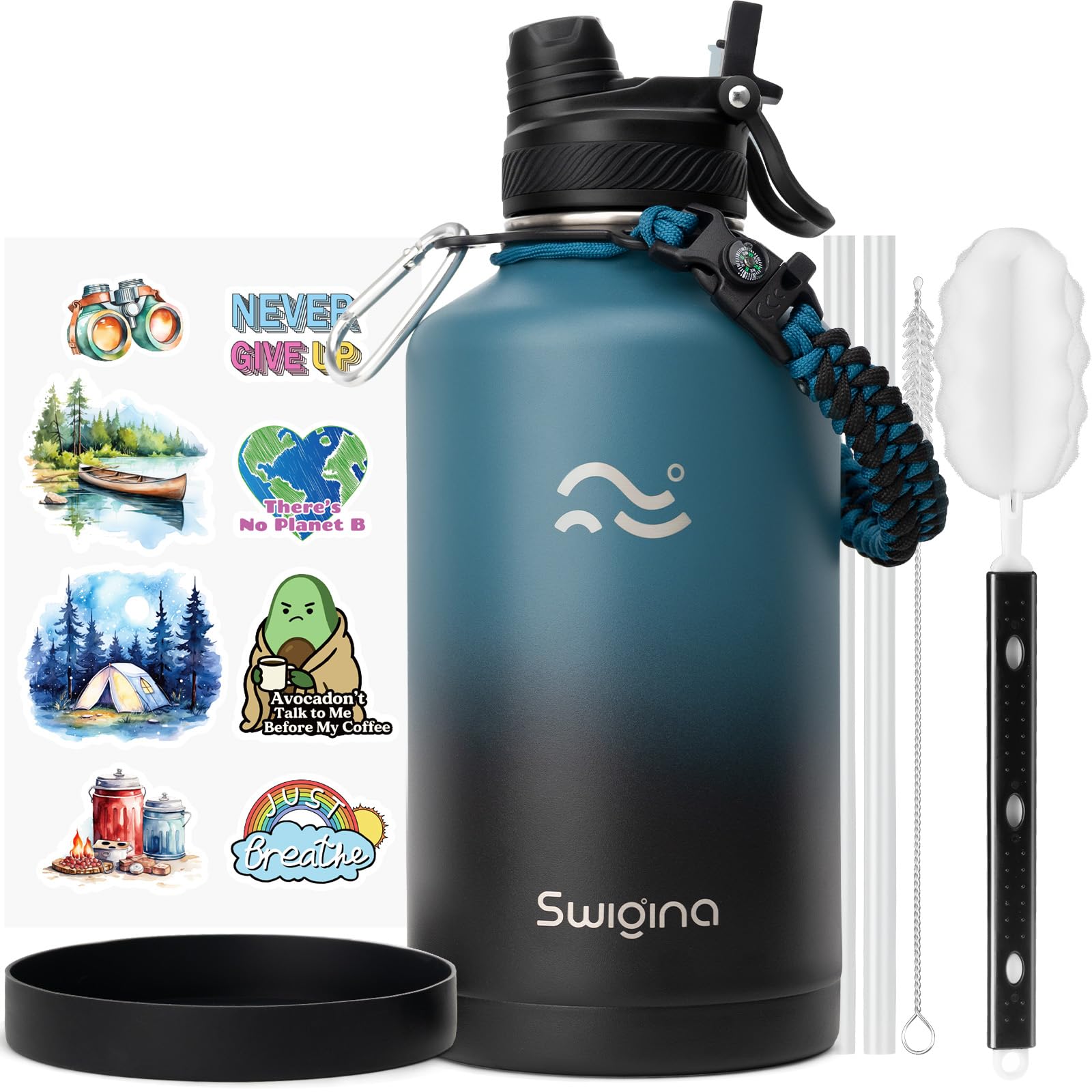 Swigina 64oz bottle with 2-in-1 lid for versatile on-the-go hydration.