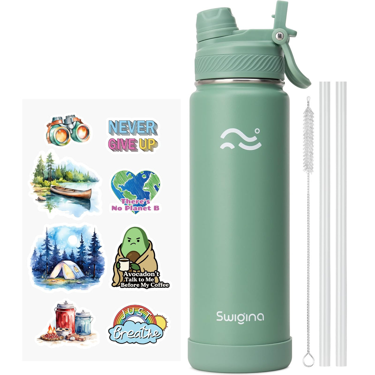 Swigina bottle with 2-in-1 lid for sipping and wide-mouth pouring