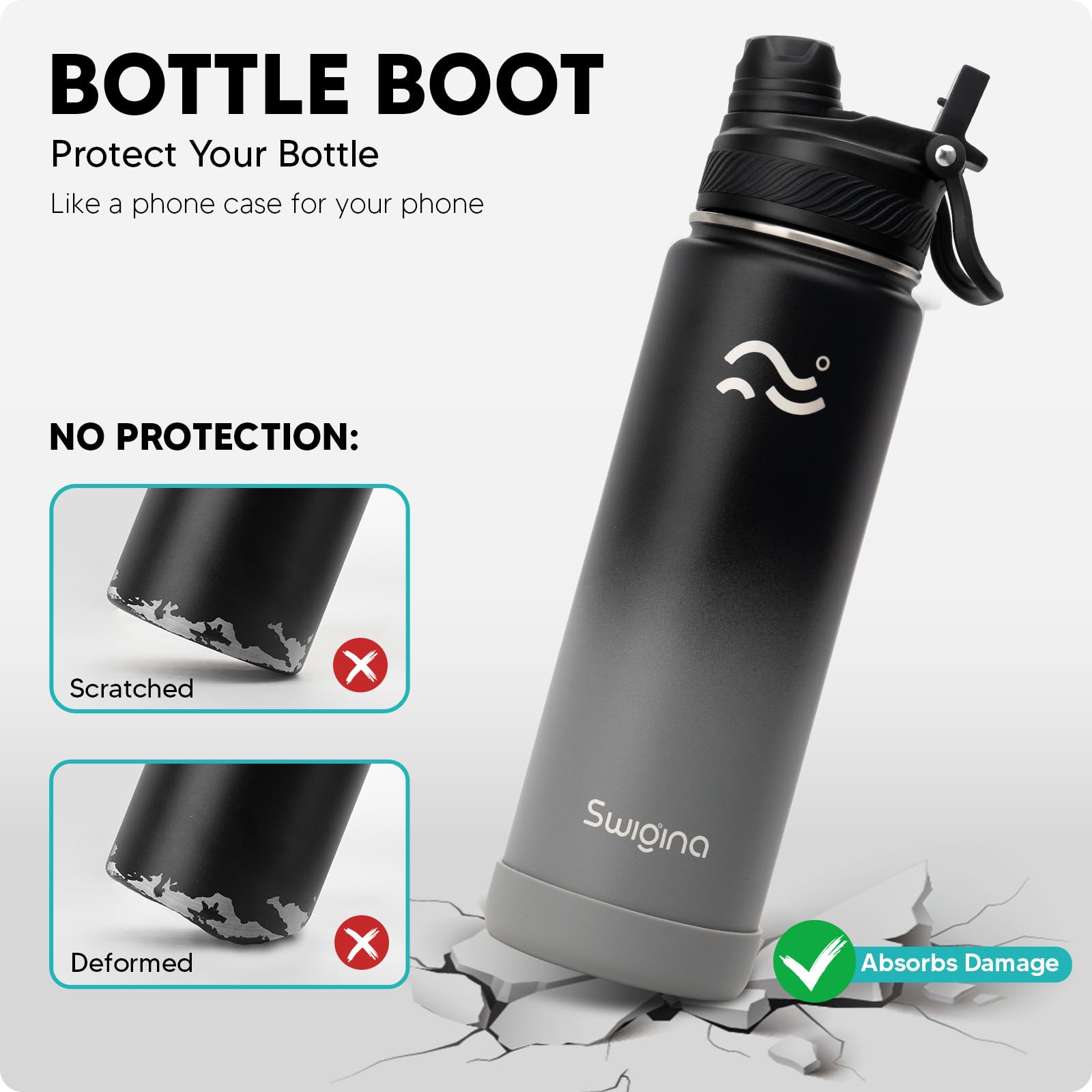 Swigina carabiner-lock lid secures leak-proof transport.