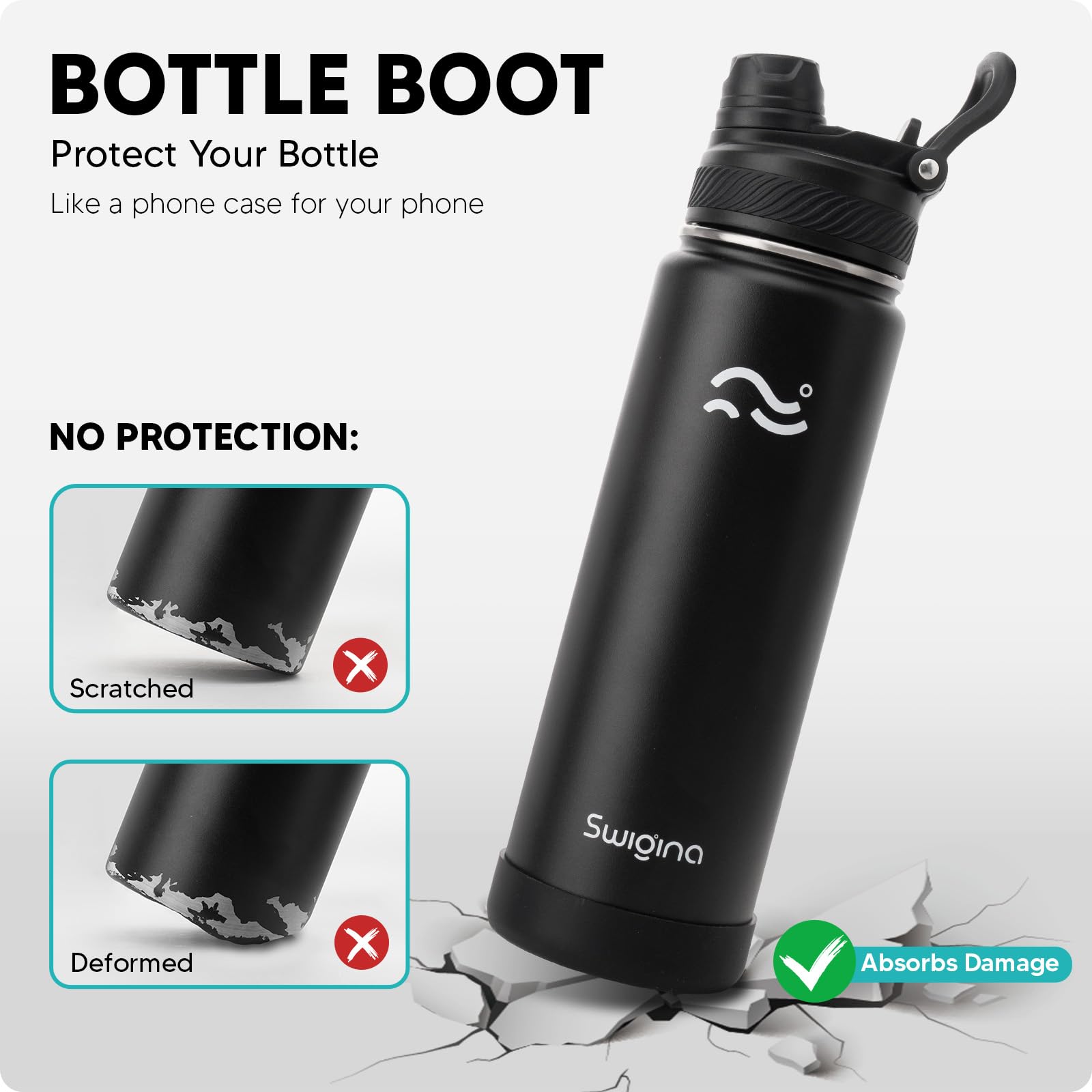 Swigina 24 oz bottle undergoing drop test to illustrate durability.