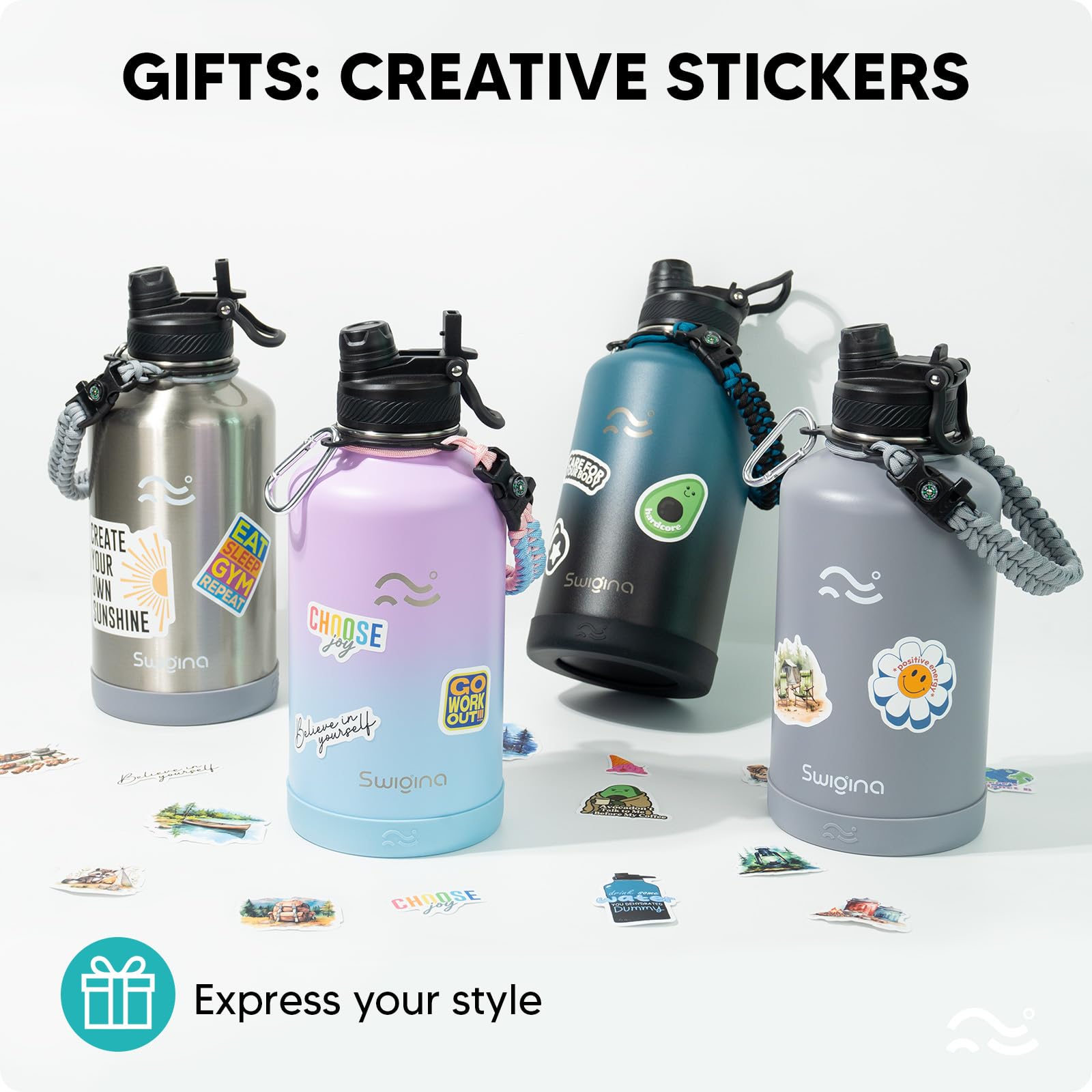 Swigina leakproof lid with carabiner lock ensures secure travel.