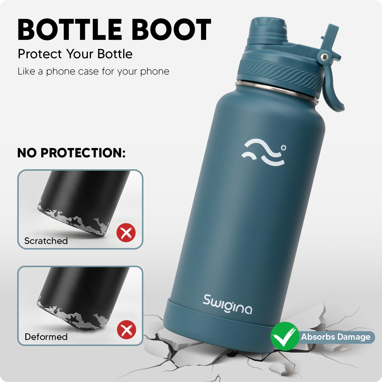 Swigina silicone armour bottle sleeve protects from drops with a non-slip grip.