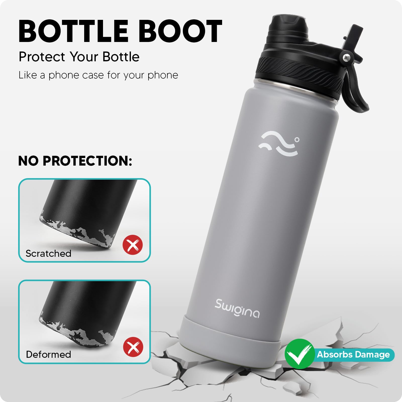 Swigina bottle features waterproof stickers that remove cleanly.