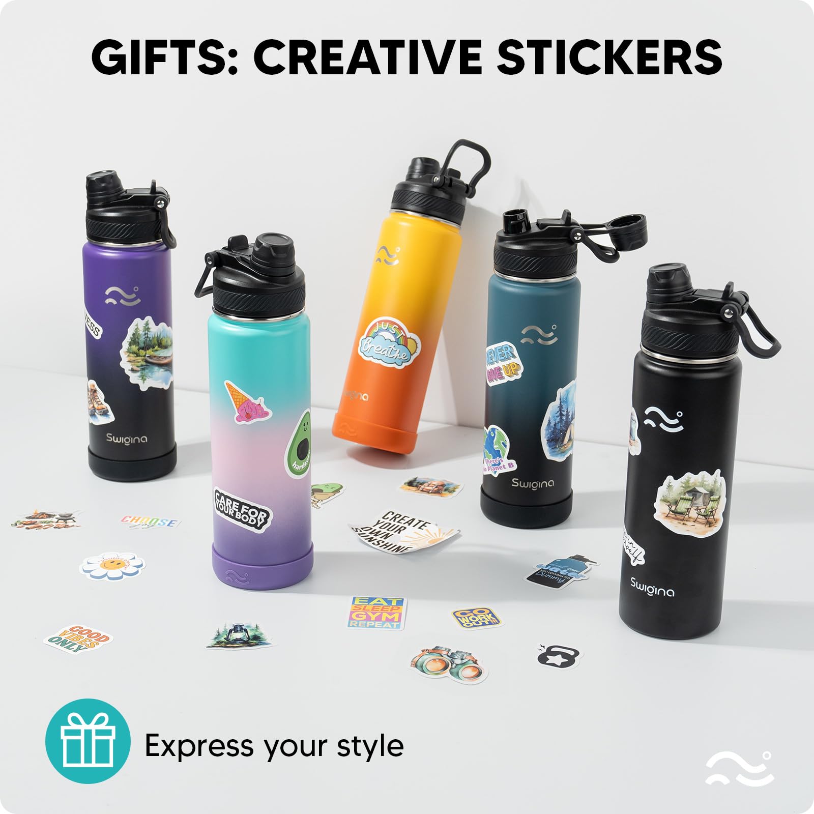 Swigina waterproof vinyl stickers customize the bottle without residue.