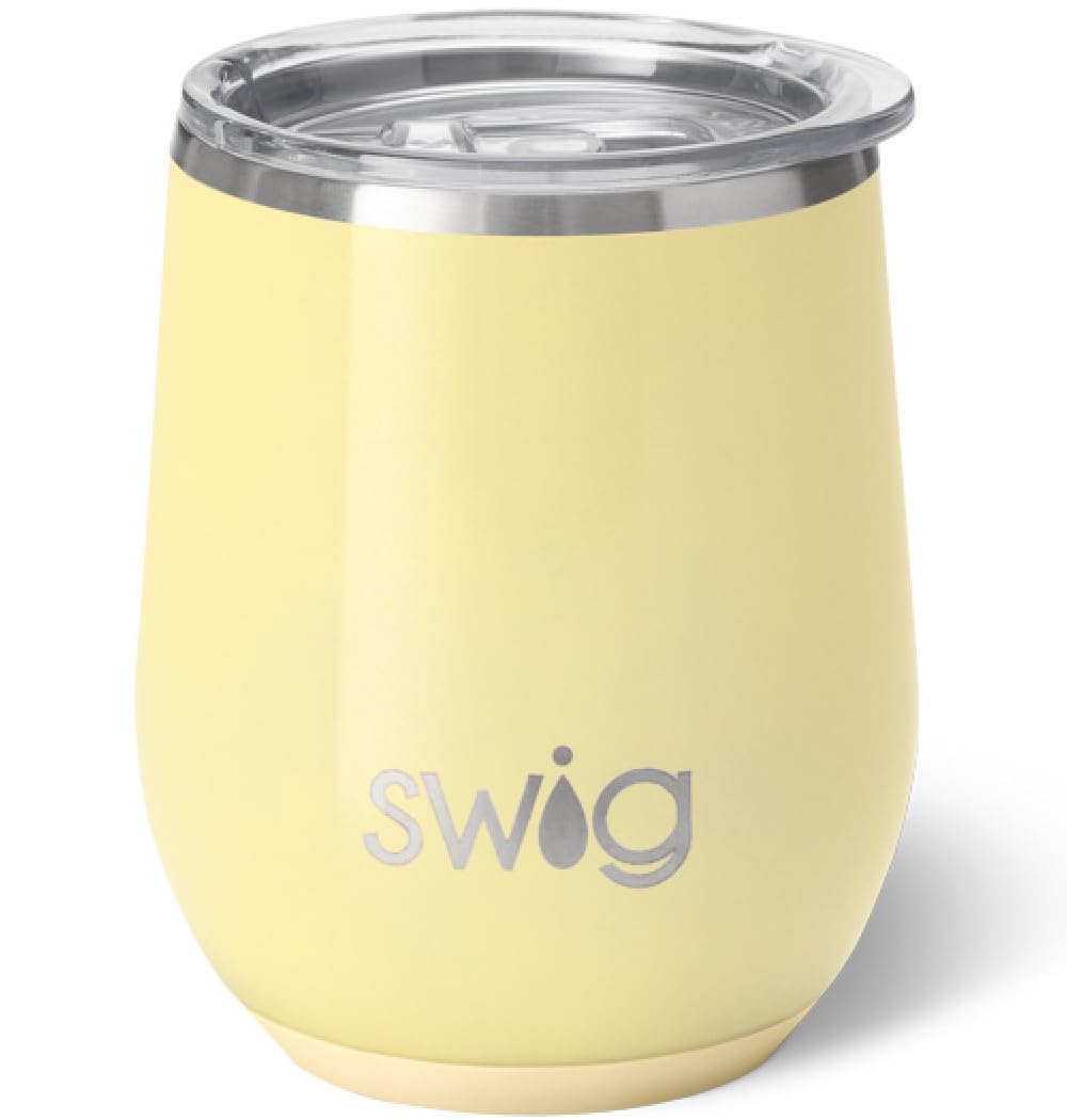 Swig Life 12oz wine tumbler with lid in Shimmer Buttercup keeps drinks cold on the go