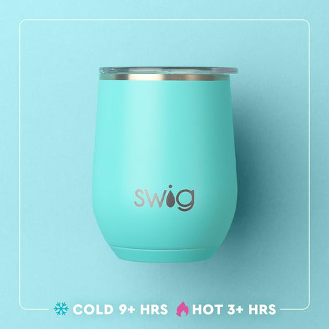 Swig Life travel wine tumbler with coaster base prevents spills on outdoor adventures