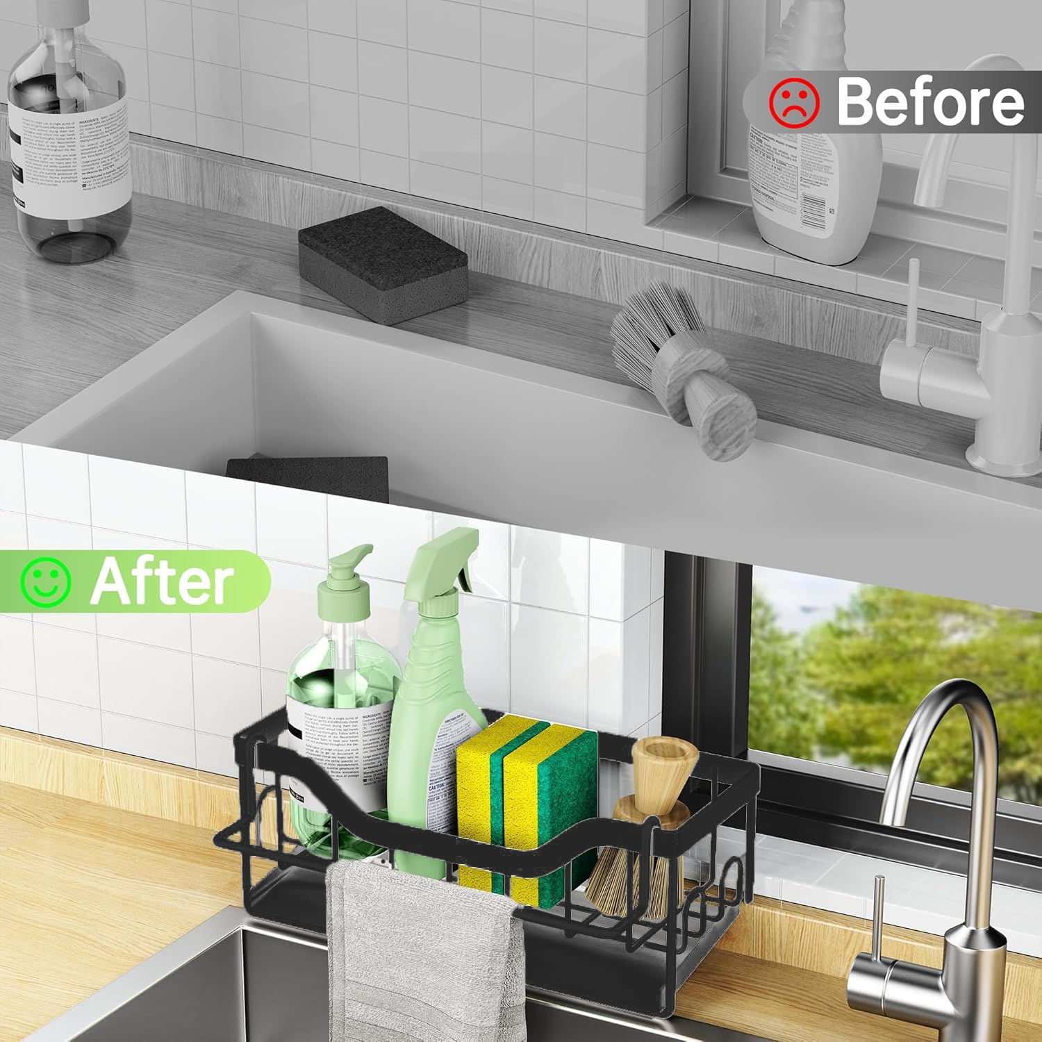SWILLE kitchen sink caddy fits on counters or hooks for flexible placement.