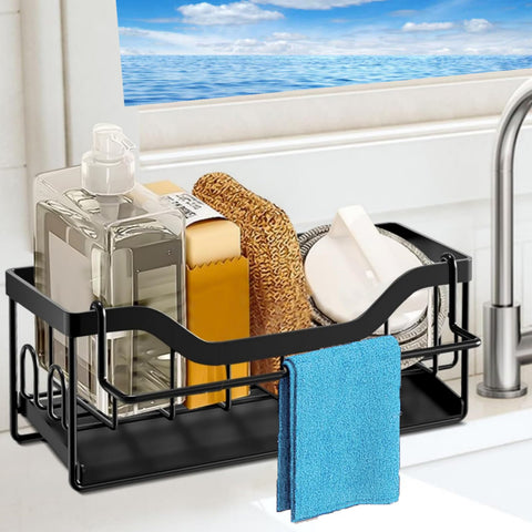 SWILLE sponge holder with auto drain tray keeps the sink area dry.